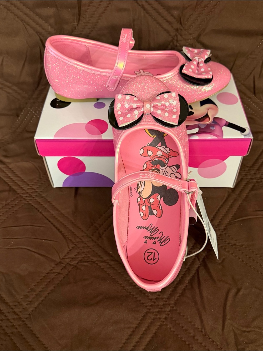 Disney Junior Minnie Mouse Pink Polka Dot Bow Mary Janes Girl’s shoes size 12